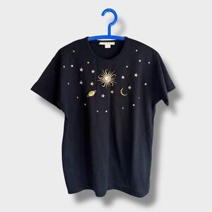 Black & Gold Vintage Celestial Tee - 1X - Venezia Embroidered Beaded Embellished